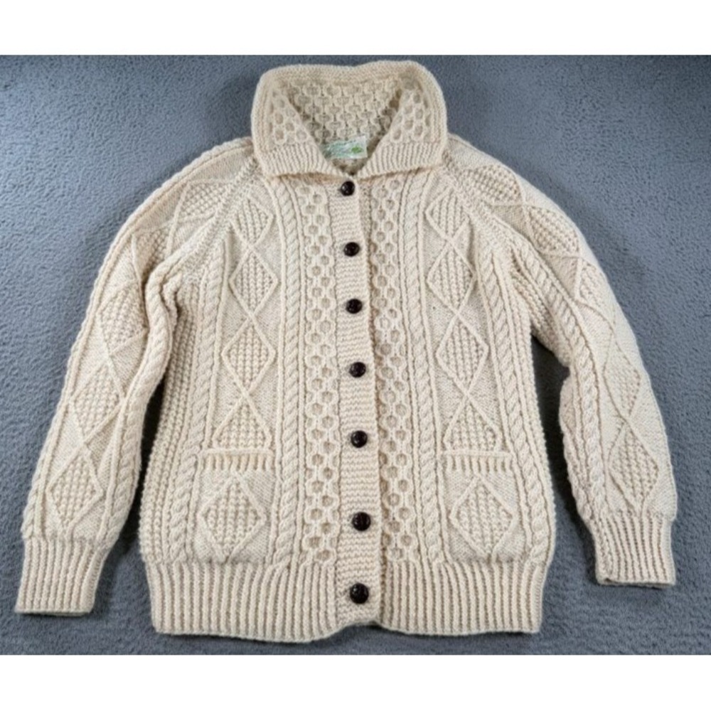 Quill Knit Aran Fisherman Cardigan‎ Sweater Womens Cream Wool Cable Knit Ireland